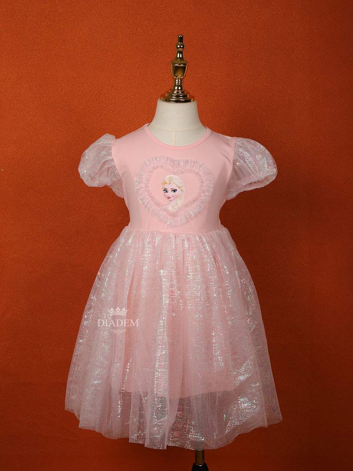 Light Pink Net Gown Embellished with Glitters and Barbie Prints - Diadem