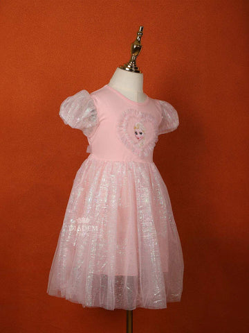 Light Pink Net Gown Embellished with Glitters and Barbie Prints - Diadem