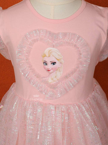 Light Pink Net Gown Embellished with Glitters and Barbie Prints - Diadem