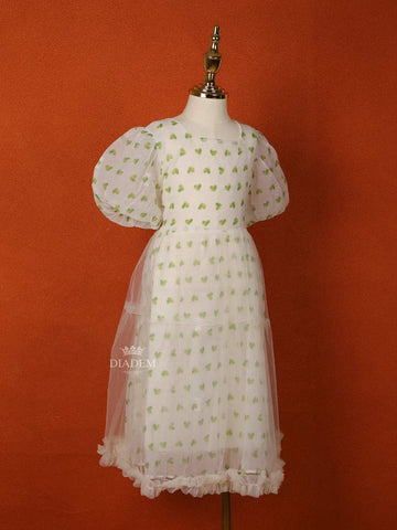 Cream Net Frock Adorned with Heart Prints and Puff Sleeves - Diadem