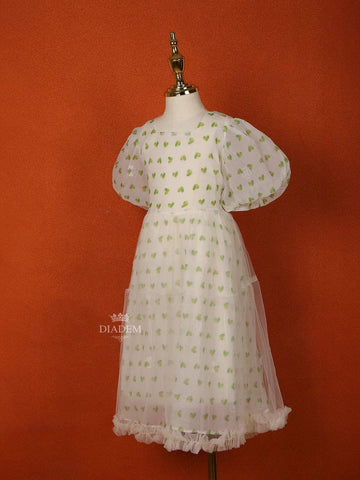 Cream Net Frock Adorned with Heart Prints and Puff Sleeves - Diadem