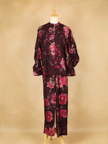 Wine Salwar Suit Adorned with Printed Flower Design, with Closed Collar and 3/4 Sleeve - Diadem