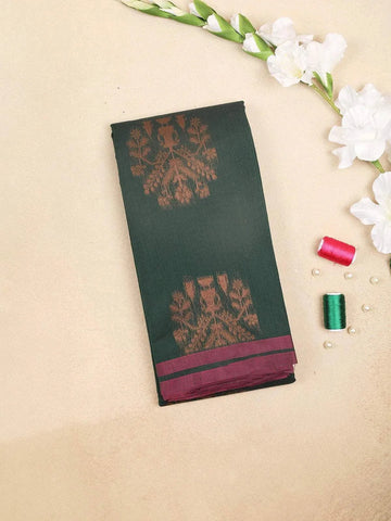 Dark Green Silk Cotton Saree with Tree Motif on the Body with Contrast Border - Diadem