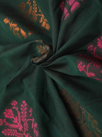 Dark Green Silk Cotton Saree with Tree Motif on the Body with Contrast Border - Diadem