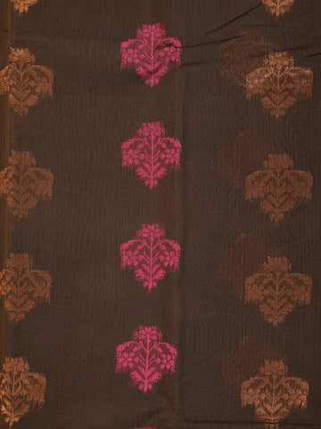 Brown Silk Cotton Saree with Flower Motifs on the Body and without Border - Diadem