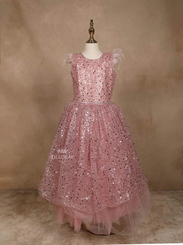 Light Pink Net Gown with Sequin Embellishments and Feather Sleeves - Diadem