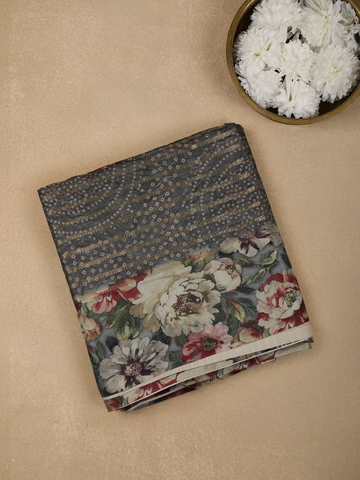 Grey Semi Tussar Silk Floral and Stripes Printed Saree - Diadem