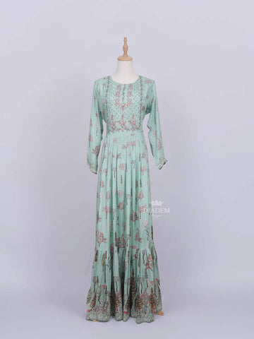 Teal Green Cotton Long Kurti Top Adorned with Flower Design without Dupatta - Diadem