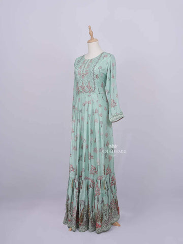 Teal Green Cotton Long Kurti Top Adorned with Flower Design without Dupatta - Diadem