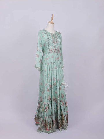 Teal Green Cotton Long Kurti Top Adorned with Flower Design without Dupatta - Diadem