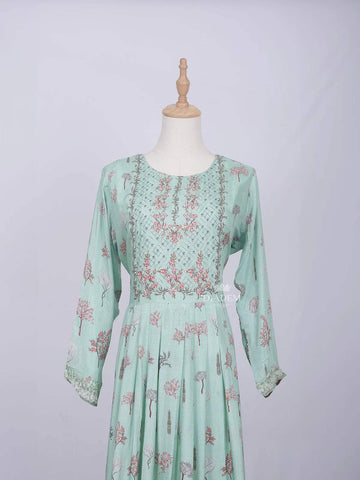 Teal Green Cotton Long Kurti Top Adorned with Flower Design without Dupatta - Diadem