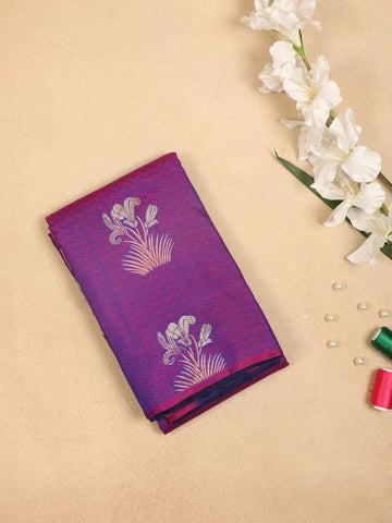 Violet Pure Kanchipuram Bridal Silk Saree with Floral Plant Design on the Body and without Border - Diadem