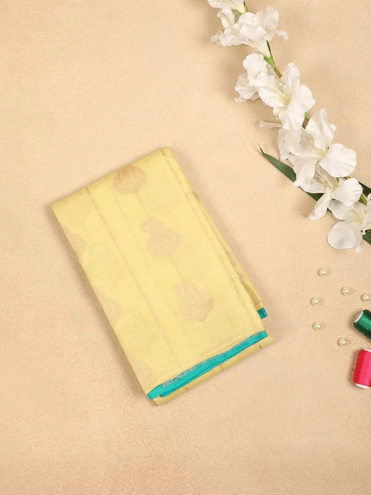 Sandal Pure Kanchipuram Bridal Silk Saree with Paisley Motifs on the Body and without Border - Diadem