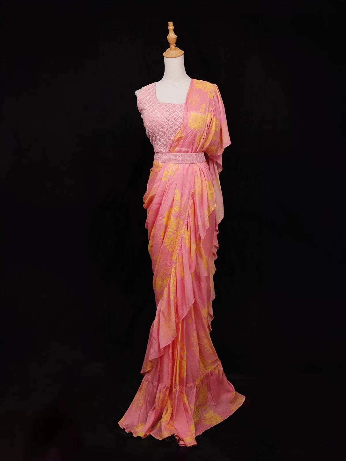 Pink Chiffon Ready to Wear Saree with Floral Prints on the body Paired with Designer Blouse and Waist Belt - Diadem