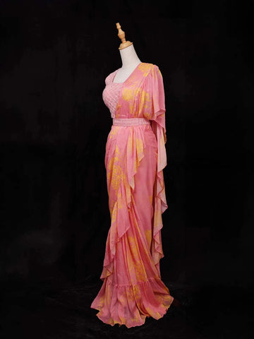 Pink Chiffon Ready to Wear Saree with Floral Prints on the body Paired with Designer Blouse and Waist Belt - Diadem