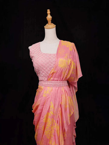Pink Chiffon Ready to Wear Saree with Floral Prints on the body Paired with Designer Blouse and Waist Belt - Diadem