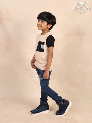 Cream with Black Solid Cotton T-Shirt - Diadem