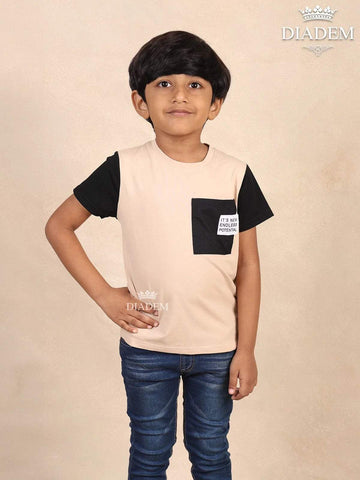 Cream with Black Solid Cotton T-Shirt - Diadem
