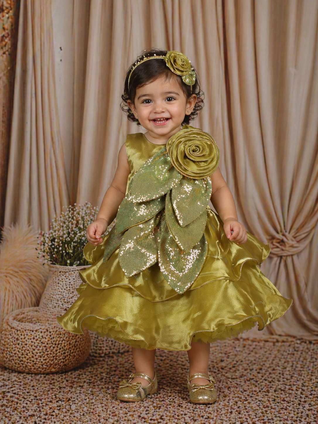 open lace back dress Olive Green Sequins Embroidered Design Organza Kids Party Frock With 3D  Floral Appliqué
