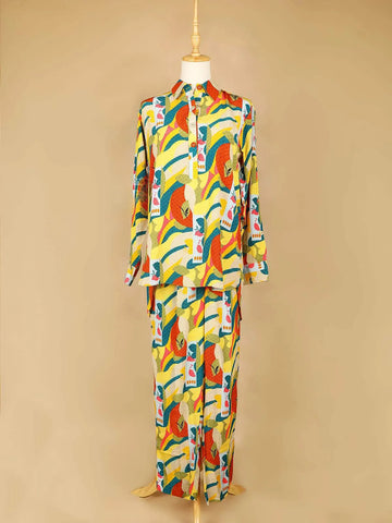 Yellow Salwar Suit Adorned with Multicolor Designs, with Collar and Full Sleeve - Diadem