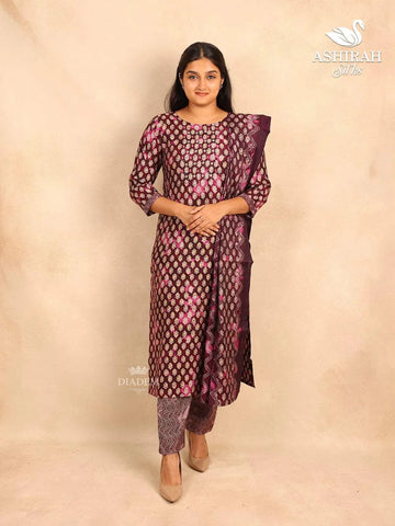 Wine Straight Cut Cotton Salwar Suit with Floral Prints and paired with Dupatta - Diadem