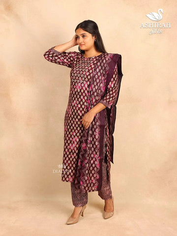 Wine Straight Cut Cotton Salwar Suit with Floral Prints and paired with Dupatta - Diadem