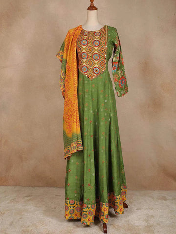 Green Cotton Long Kurti Top Set Adorned with Sequins and Flower Designs Paired with Dupatta - Diadem
