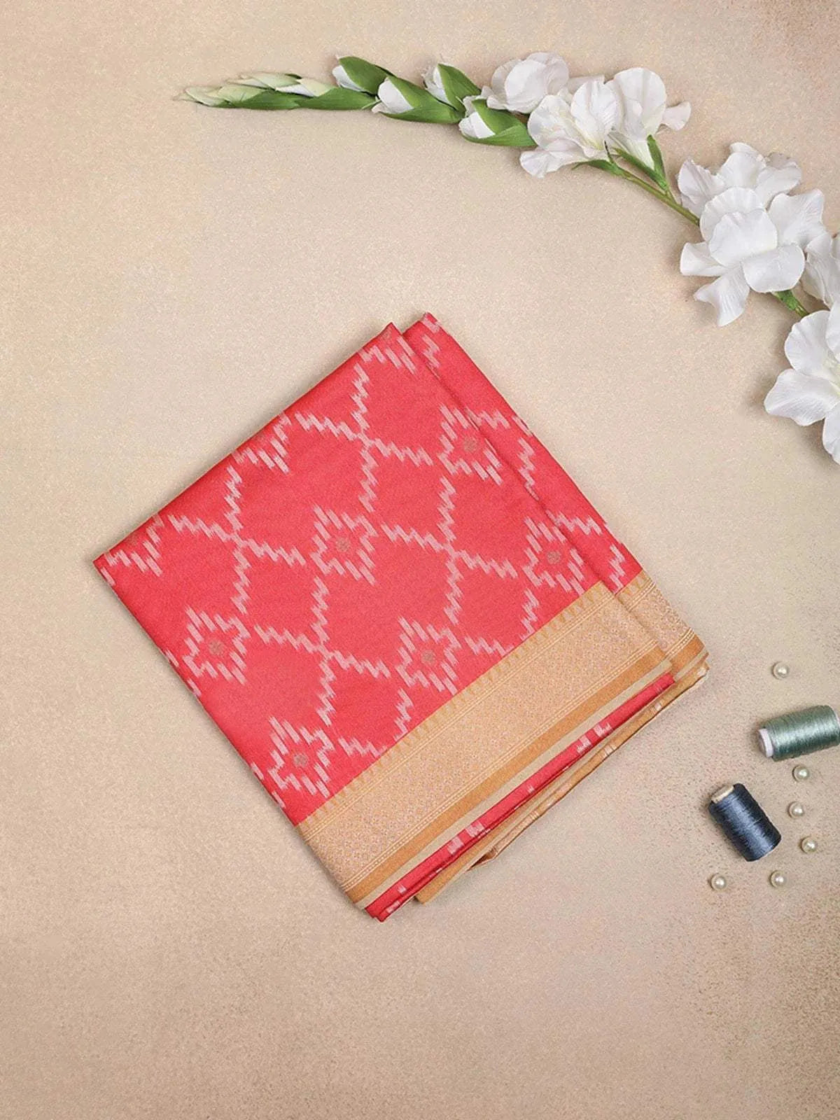 Red Semi Tussar Silk Saree with Geometric Design on the Body with Contrast Border - Diadem