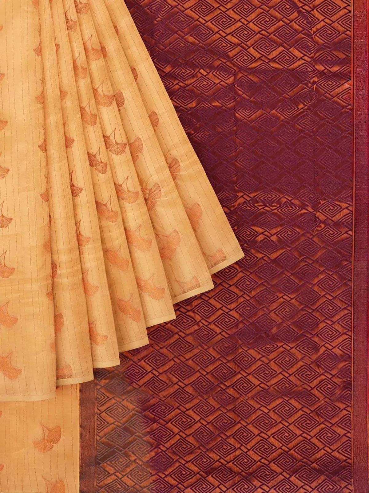 Light Orange Silk Saree with Floral Motif on the Body and Without Border - Diadem