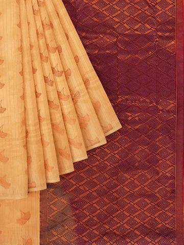 Light Orange Silk Saree with Floral Motif on the Body and Without Border - Diadem
