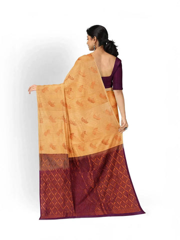 Light Orange Silk Saree with Floral Motif on the Body and Without Border - Diadem