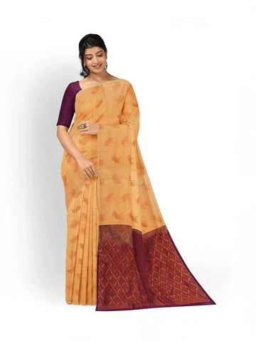 Light Orange Silk Saree with Floral Motif on the Body and Without Border - Diadem