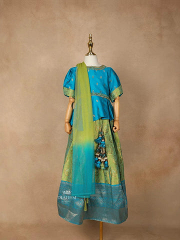 Blue Green Silk Pattu Pavadai Adorned with Zariwork paired with Net Dupatta - Diadem