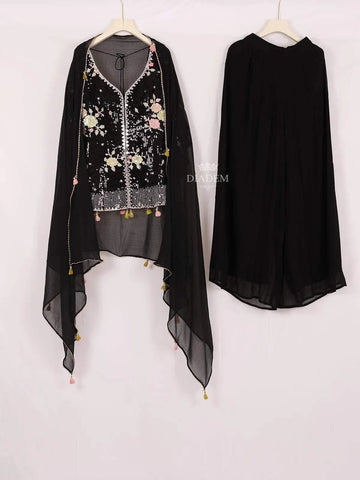 Black Straight Cut Salwar Suit Embellished with Mirror and Sequins Floral Design with Dupatta - Diadem