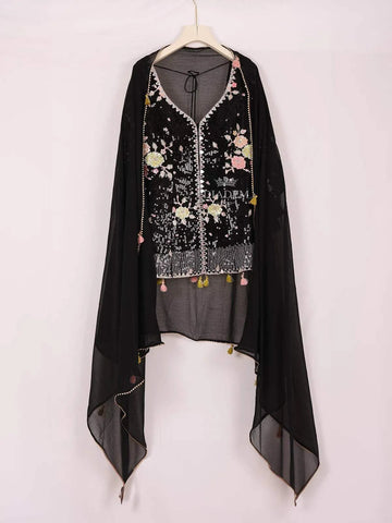 Black Straight Cut Salwar Suit Embellished with Mirror and Sequins Floral Design with Dupatta - Diadem