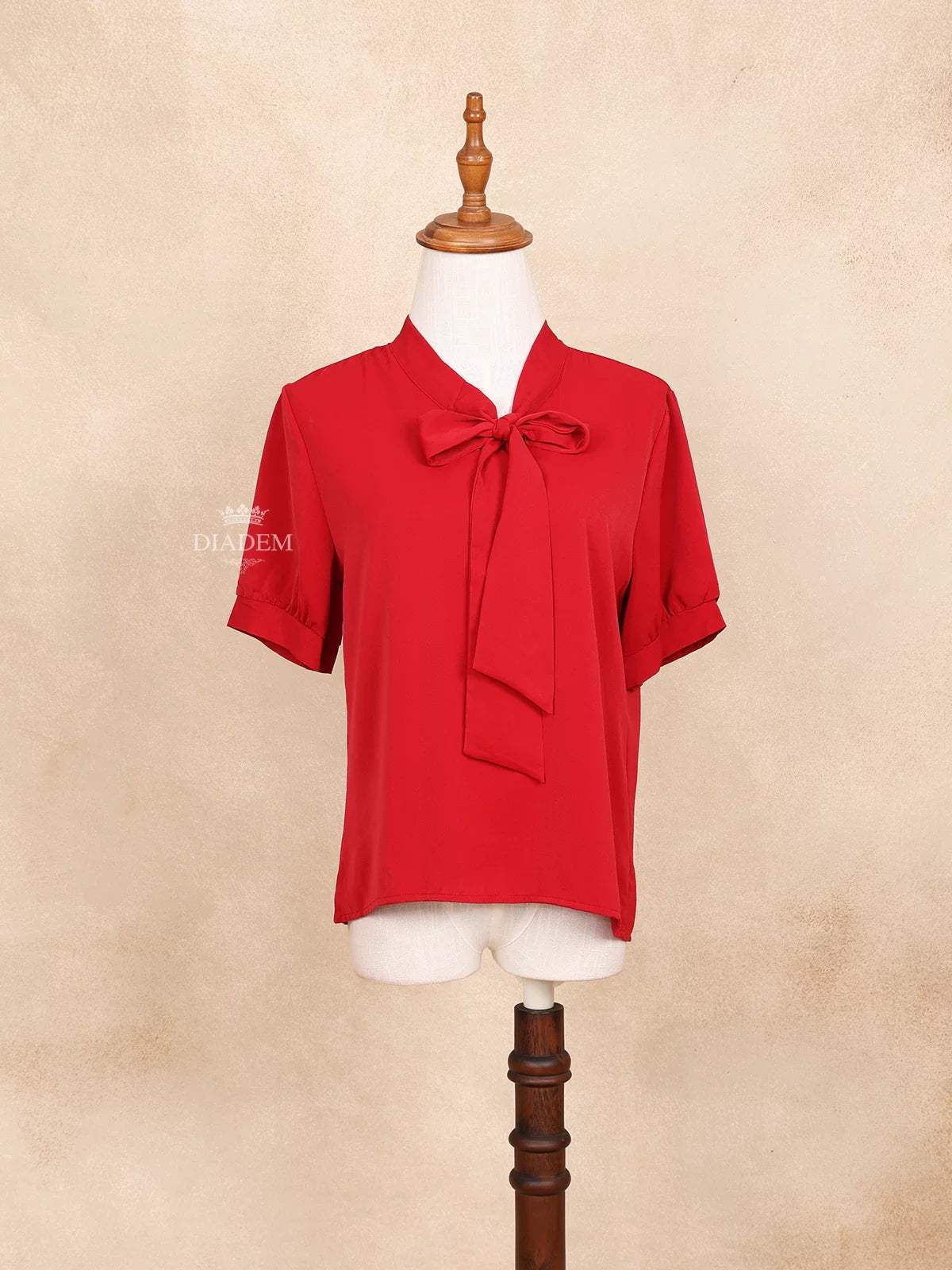 Red Bow Tie Knot Mock Neck Short Sleeve Shirt Top - Diadem