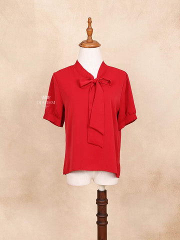 Red Bow Tie Knot Mock Neck Short Sleeve Shirt Top - Diadem