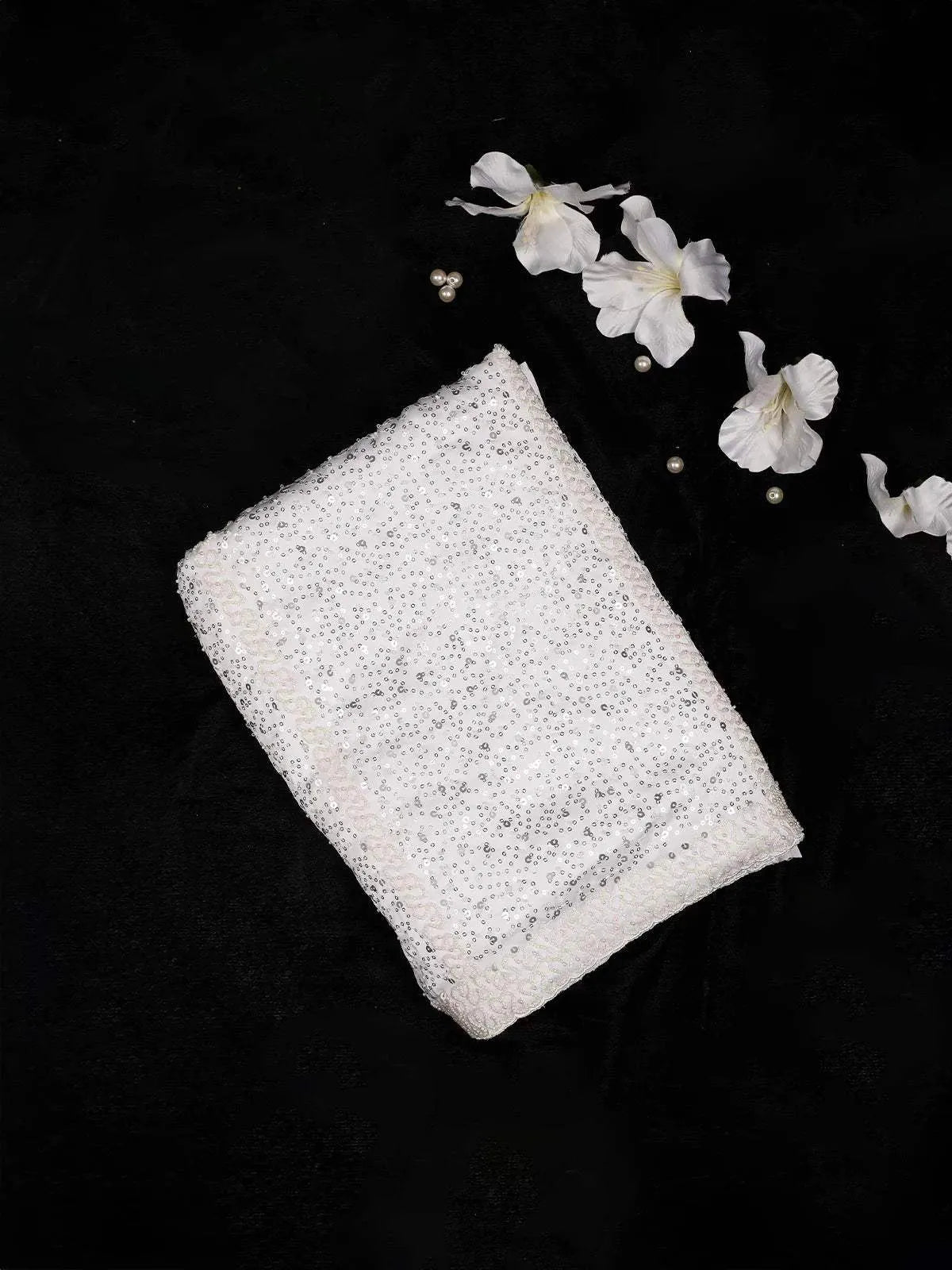 White Georgette Bridal Saree with Sequins and Beads Design on the Body without Border - Diadem