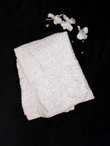 White Georgette Bridal Saree with Sequins and Beads Design on the Body without Border - Diadem