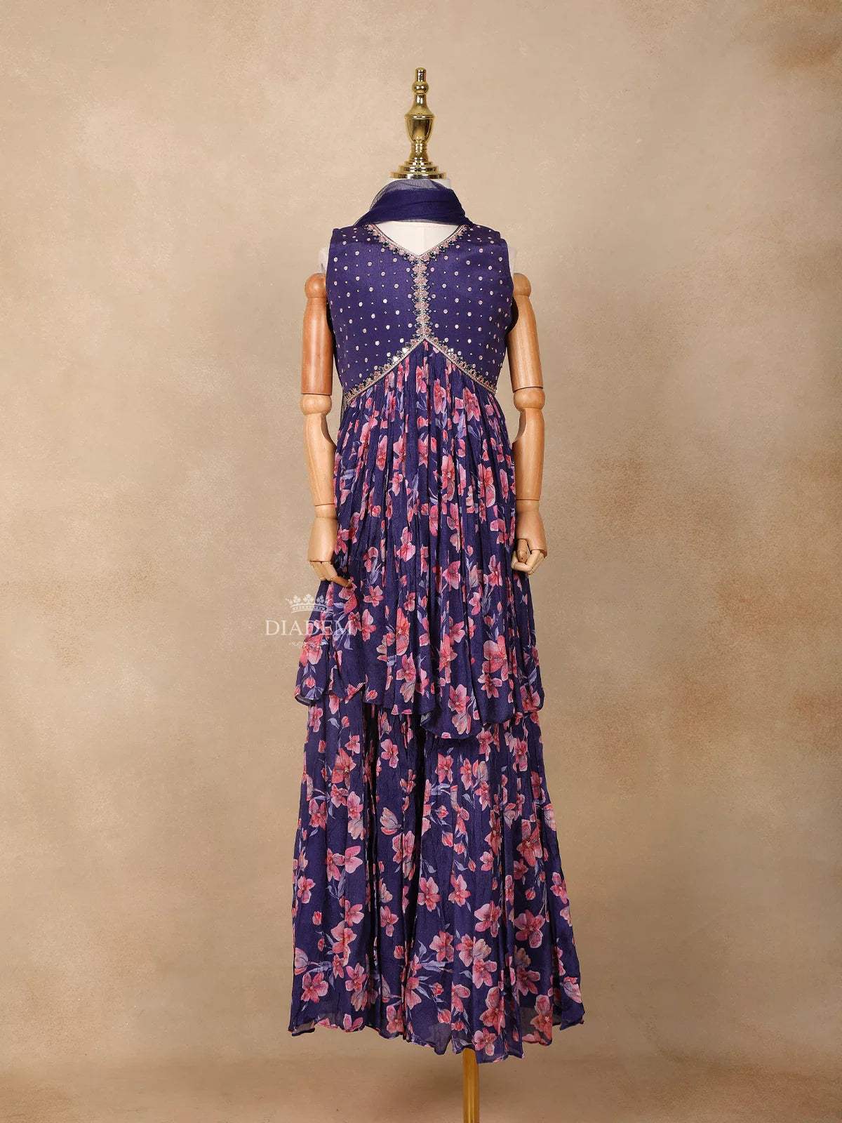 Purple Georgette Palazzo Salwar Suit Adorned with Floral Prints and Embroidery, Paired with Dupatta - Diadem