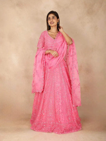 Pink Bridal Lehenga with Sequins Beads Floral Design - Diadem