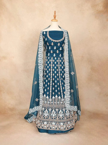 Peacock Blue Semi Stitched Lehenga Adorned with Sequins and Thread Floral Design with Dupatta - Diadem