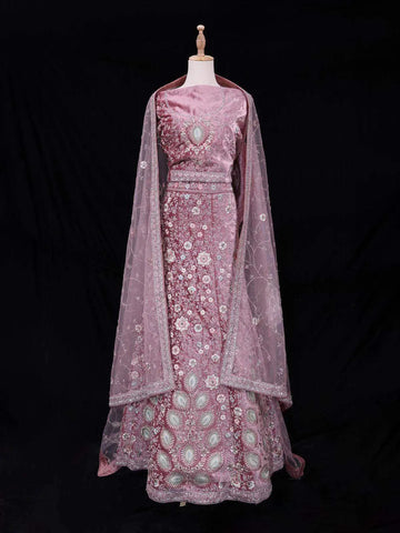 Onion Pink Semi Stitched Lehenga Adorned with Sequins and Floral Design with Dupatta - Diadem