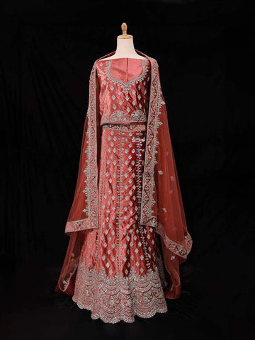 Red Semi Stitched Lehenga Adorned with Sequins and Floral Design with Dupatta - Diadem