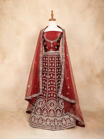 Red Semi Stitched Lehenga Adorned with Sequins and Thread Floral Design with Dupatta - Diadem