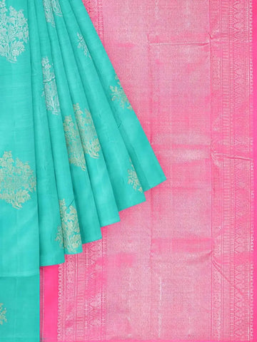 Aqua Green Pure Kanchipuram Silk Saree with Floral Motif and No Border - Diadem