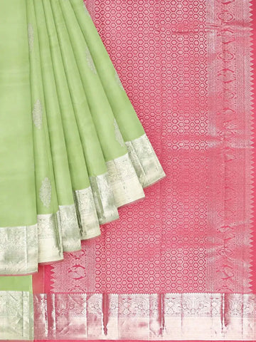 Pista Green Pure Kanchipuram Silk Saree with Zari Butta and Contrast Zari Border - Diadem