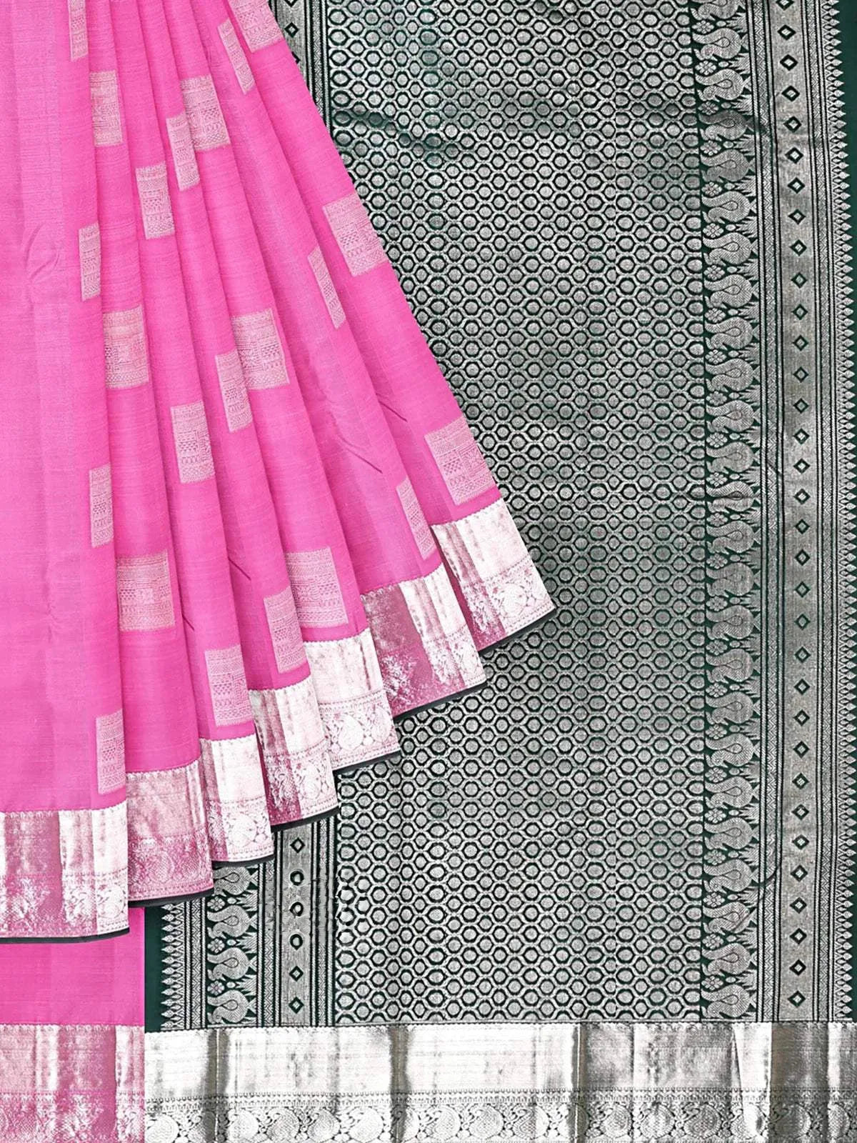 Pink Kanchipuram Saree with Zari Butta on the body and Contrast Zari Border - Diadem