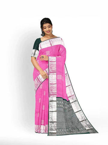 Pink Kanchipuram Saree with Zari Butta on the body and Contrast Zari Border - Diadem