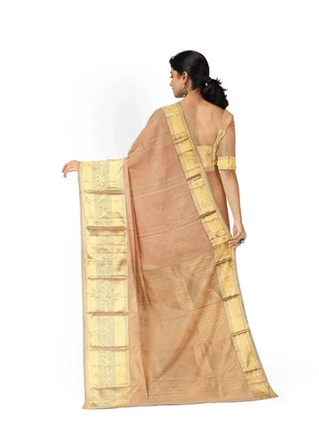 Peach Pure Kanchipuram Bridal Silk Saree with Stripes and Zari Butta on the body and Zari Border - Diadem